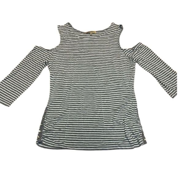 Democracy Cold Shoulder Top, 3/4 sleeves, soft, grey white stripes, medium - Picture 1 of 7